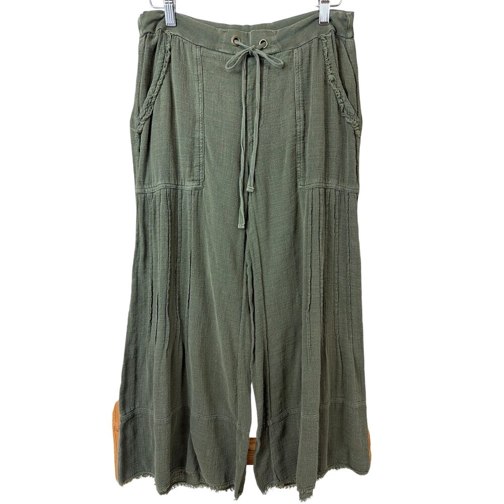 Wearables Green Tie Waist Wide Leg Cropped Pants Distressed Hem Size S